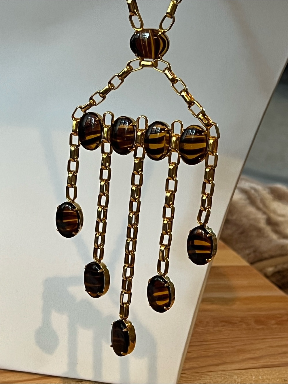 VTG~ 1970’s glass Cabochon tiered waterfall fringe necklace and Earring set